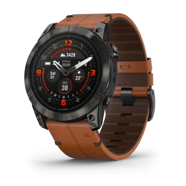 Epix Pro (Gen 2) – Sapphire Edition Carbon Grey DLC Titanium with Chestnut Leather Band