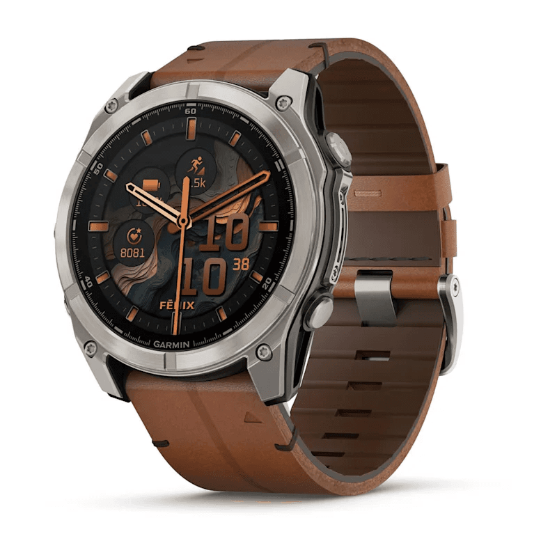 Fenix 8 – AMOLED Sapphire Bare Titanium Black With A Chestnut Leather Band Plus A Graphite Silicone Band 51 mm