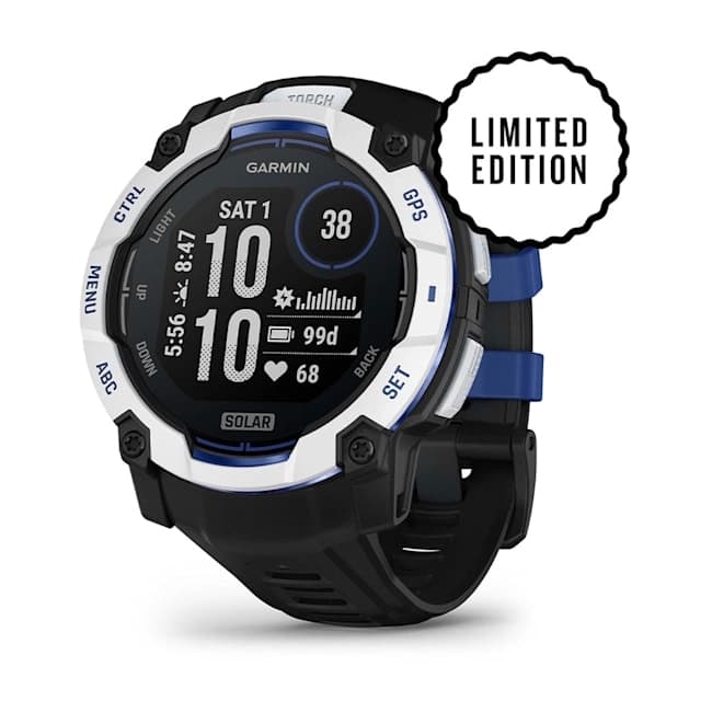 Instinct 3 – 50 mm, Solar Whitestone with Black/Bolt Blue Band
