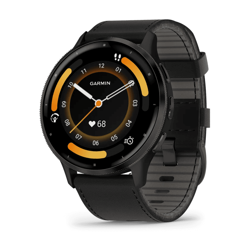 Venu 3 Slate stainless steel bezel with black case and black leather band