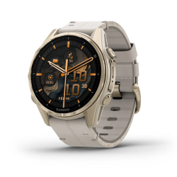 Fenix 8 – AMOLED Sapphire Soft Gold Stainless Steel With A Fog Gray Leather Band plus A Fog Gray/Dark Sandstone Silicone Band 43 mm