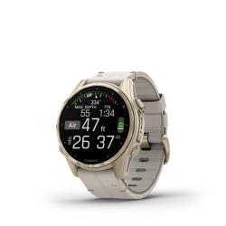 Fenix 8 – AMOLED Sapphire Soft Gold Stainless Steel With A Fog Gray Leather Band plus A Fog Gray/Dark Sandstone Silicone Band 43 mm