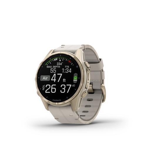 Fenix 8 – AMOLED Sapphire Soft Gold Stainless Steel With A Fog Gray Leather Band plus A Fog Gray/Dark Sandstone Silicone Band 43 mm