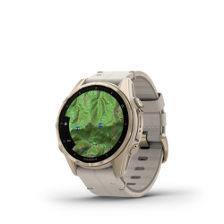 Fenix 8 – AMOLED Sapphire Soft Gold Stainless Steel With A Fog Gray Leather Band plus A Fog Gray/Dark Sandstone Silicone Band 43 mm
