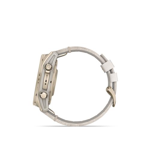 Fenix 8 – AMOLED Sapphire Soft Gold Stainless Steel With A Fog Gray Leather Band plus A Fog Gray/Dark Sandstone Silicone Band 43 mm