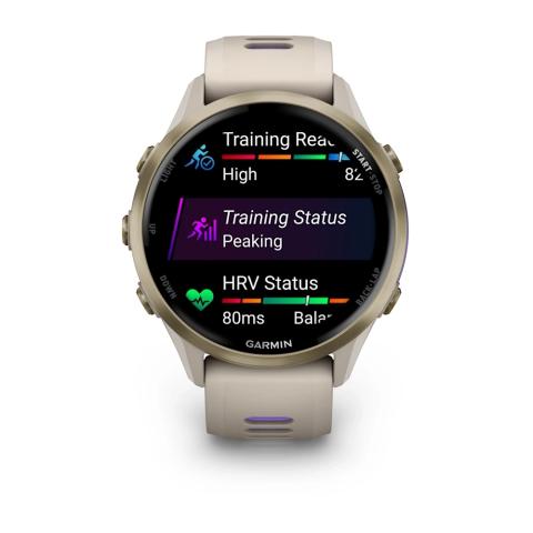Forerunner 970 Soft Gold Titanium with French Grey Case and French Grey/Translucent Indigo Band