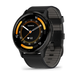 Venu 3 Slate stainless steel bezel with black case and black leather band