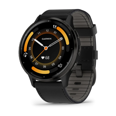 Venu 3 Slate stainless steel bezel with black case and black leather band