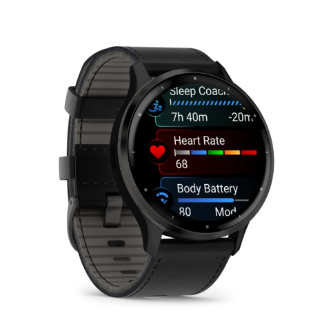 Venu 3 Slate stainless steel bezel with black case and black leather band