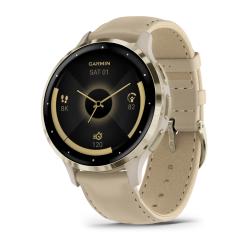 Venu 3S Soft gold stainless steel bezel with French grey case and leather band