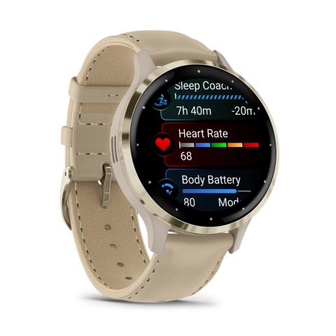 Venu 3S Soft gold stainless steel bezel with French grey case and leather band