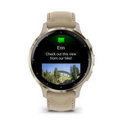 Venu 3S Soft gold stainless steel bezel with French grey case and leather band