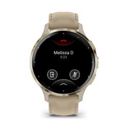 Venu 3S Soft gold stainless steel bezel with French grey case and leather band