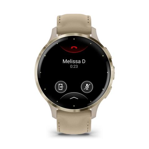 Venu 3S Soft gold stainless steel bezel with French grey case and leather band