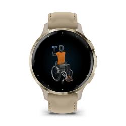 Venu 3S Soft gold stainless steel bezel with French grey case and leather band