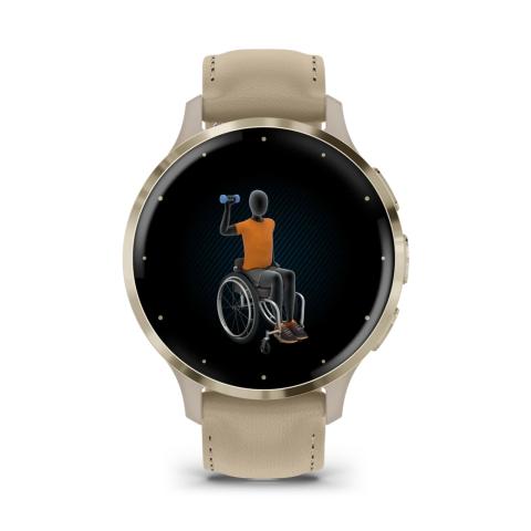 Venu 3S Soft gold stainless steel bezel with French grey case and leather band