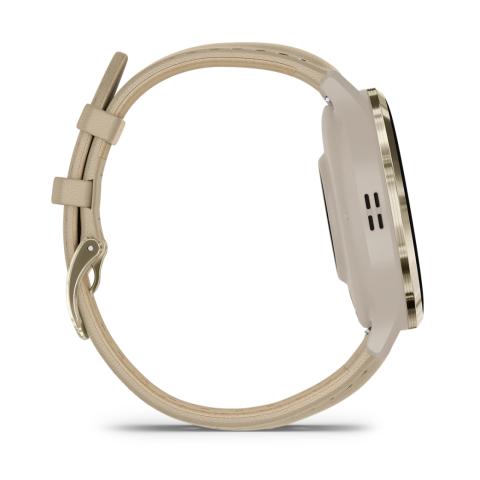 Venu 3S Soft gold stainless steel bezel with French grey case and leather band
