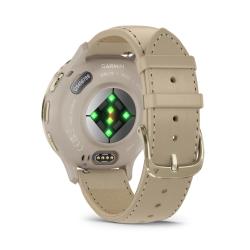 Venu 3S Soft gold stainless steel bezel with French grey case and leather band