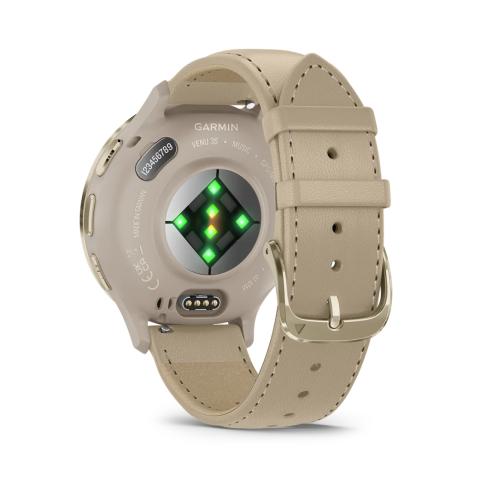 Venu 3S Soft gold stainless steel bezel with French grey case and leather band
