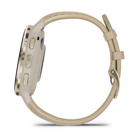 Venu 3S Soft gold stainless steel bezel with French grey case and leather band