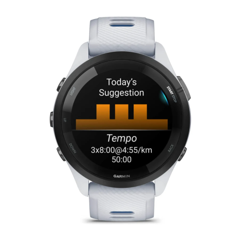 Forerunner 265 Black Bezel with Whitestone Case and Whitestone/Tidal Blue Silicone Band