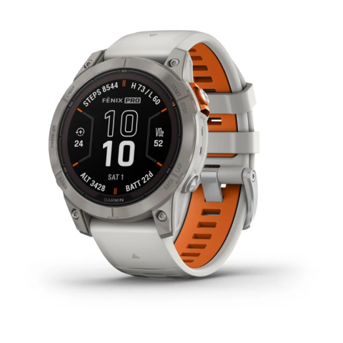 Garmin Fenix 7 Pro – Sapphire Solar Edition Titanium with Fog Gray/Ember Orange Band
